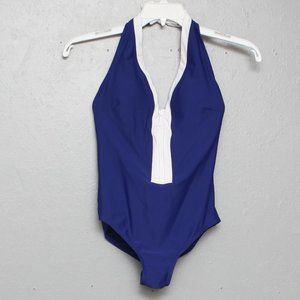 Michael Michael Kors blue and white zip front halter tie top one piece swim suit